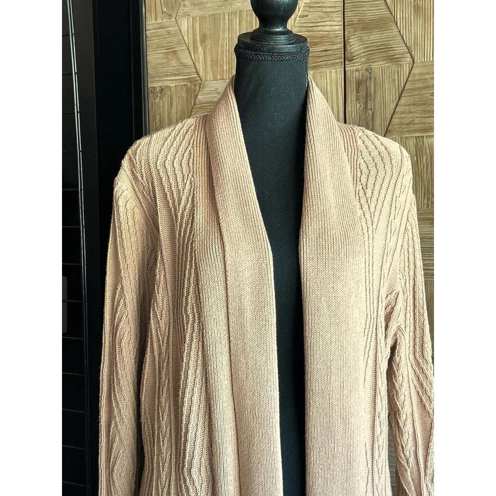 St. Johns Bay Womens Cardigan Large Tan Long Open Knit Front Pockets - Picture 2 of 7